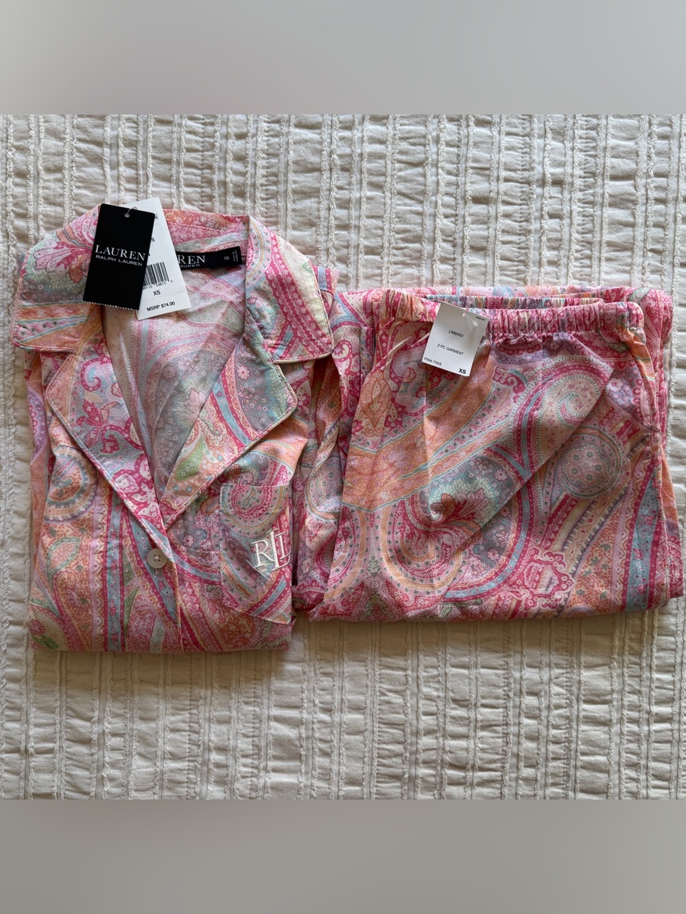 NWT Lauren Ralph Lauren Pink Paisley-Print Cotton Blend Women’s Pajama Set, XS